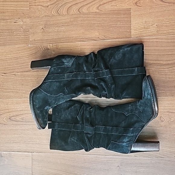 Via Spiga Boots Black Suede Leather Slouch Stacked Heel Womens